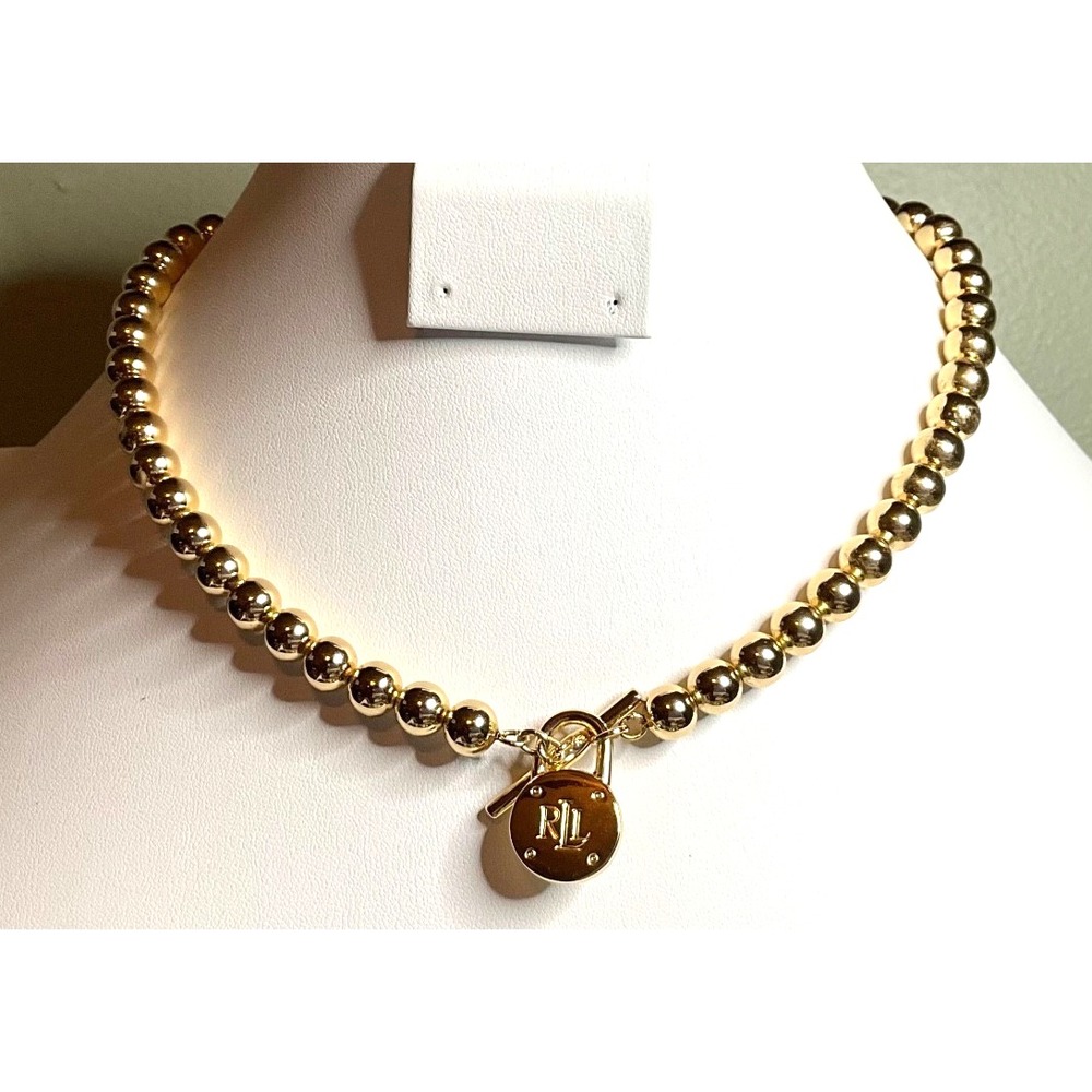 SIGNED LAUREN Ralph Lauren Logo Padlock17" BEADED COLLAR Necklace Goldtoned 60g!